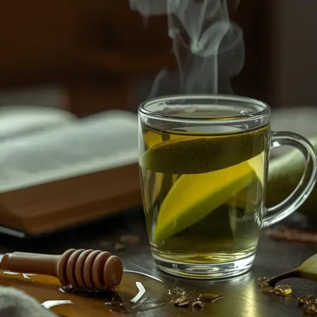 Pear Green Tea Clear mug of poached pear green tea with honey drizzle stick and book
