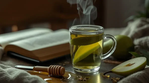 Pear Green Tea Clear mug of poached pear green tea with honey drizzle stick and book