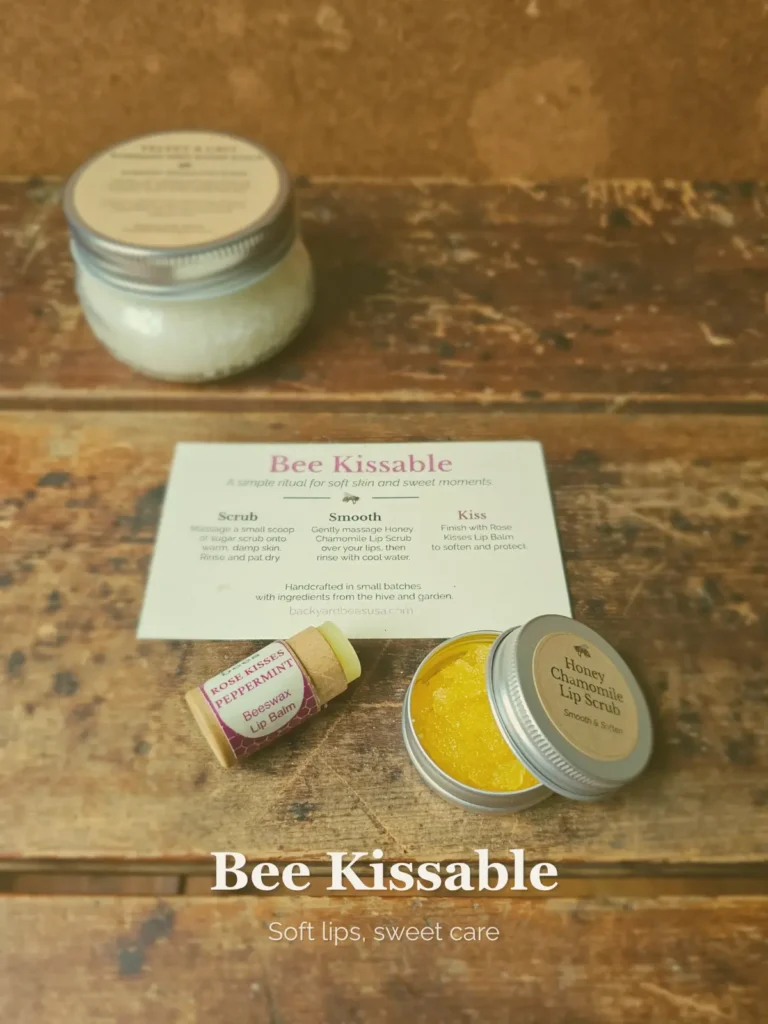 Bee Kissable collection with beeswax lip balm, honey lip scrub and body scrub