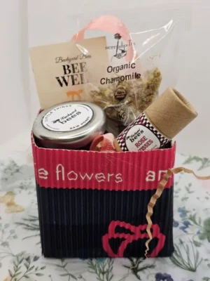 pink chamomile tea & honey gift set bag with lip balm and gift tag