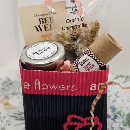 pink chamomile tea & honey gift set bag with lip balm and gift tag