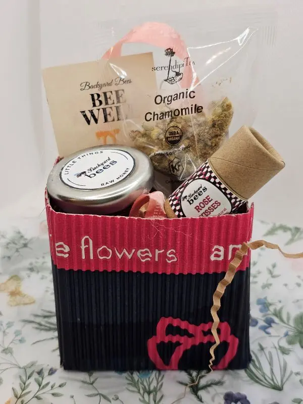 Pink Bee Well Bag pink chamomile tea & honey gift set bag with lip balm and gift tag