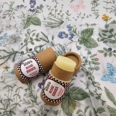 Pink-Lip-Balm close up of Rose Kisses lip balm for tea and honey gift set