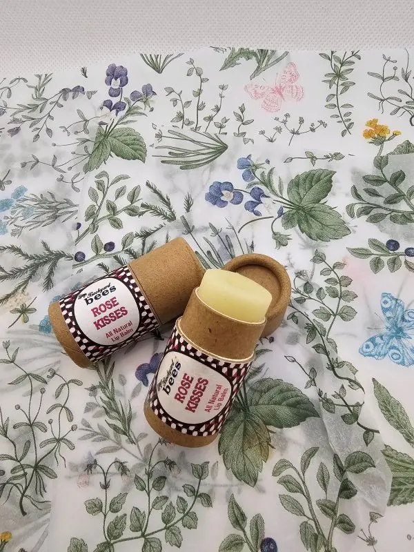 Pink-Lip-Balm close up of Rose Kisses lip balm for tea and honey gift set