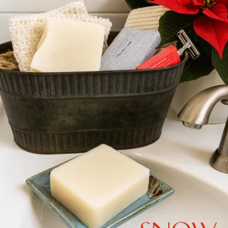 Snow Day Winter Soap On Rustic Soap Dish White Snow Day winter soap on rustic soap dish with pointsettia
