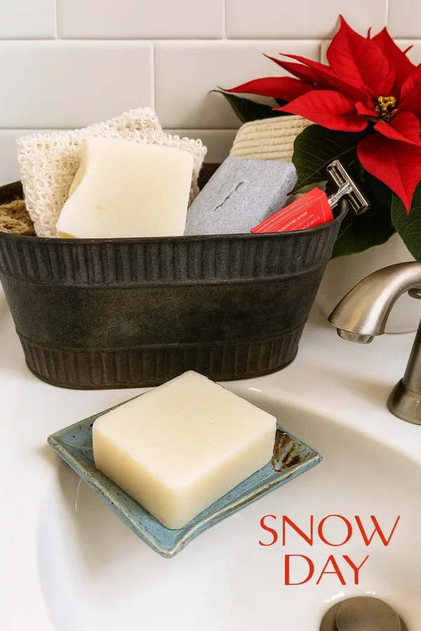 Snow Day Winter Soap On Rustic Soap Dish White Snow Day winter soap on rustic soap dish with pointsettia