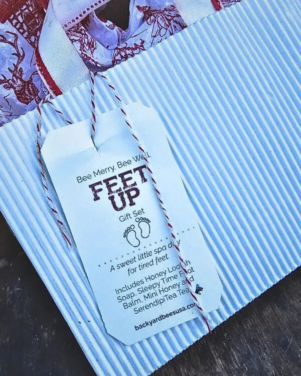 Hand made white ribbed upcycled holiday gift bag with red tissue, salvaged candy cane ribbon, and Feet Up gift tag.