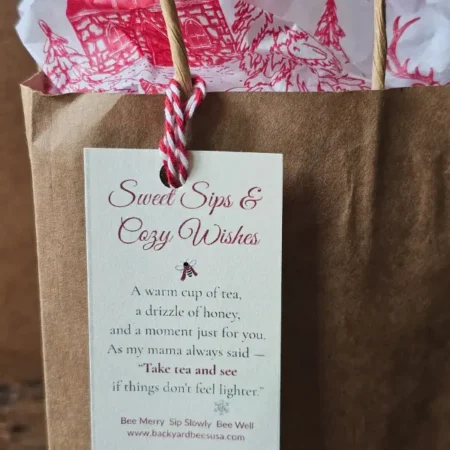 Holiday Take Tea And See Sweet Sips & Cozy Wishes gift tag with the message, “Take tea and see if things don’t feel lighter.”