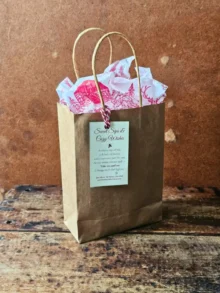 Holiday Take Tea & See gift in a kraft bag with red-and-white holiday tissue and a Sweet Sips & Cozy Wishes tag.