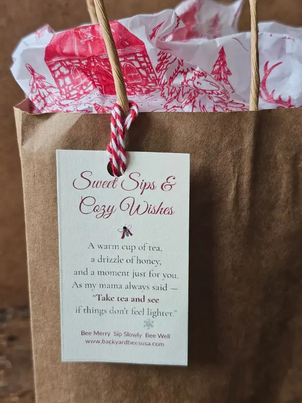 Holiday Take Tea And See Sweet Sips & Cozy Wishes gift tag with the message, “Take tea and see if things don’t feel lighter.”