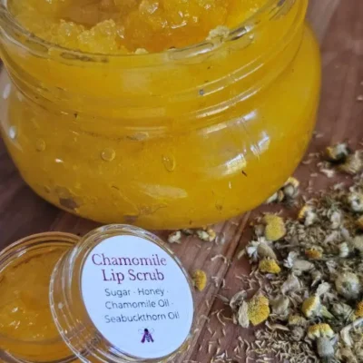 close-up of chamomile honey lip scrub with seabuckthorn oil