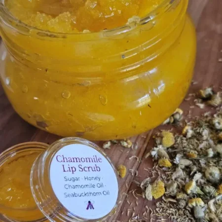 close-up of chamomile honey lip scrub with seabuckthorn oil