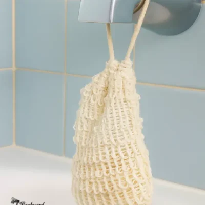 Sisal soap saver bag hanging in shower