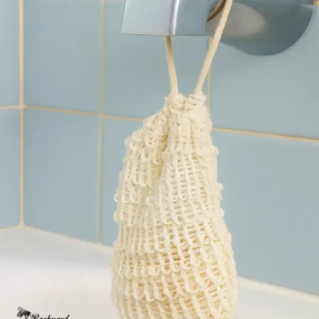 Sisal soap saver bag hanging in shower