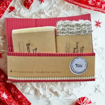 Holiday Soap Gift Set: :Snow Day natural winter soap and reusable sisal soap saver bag gift set by Backyard Bees