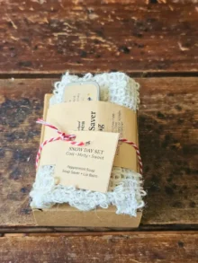 Snow Day holiday soap gift set tied with red and white yarn
