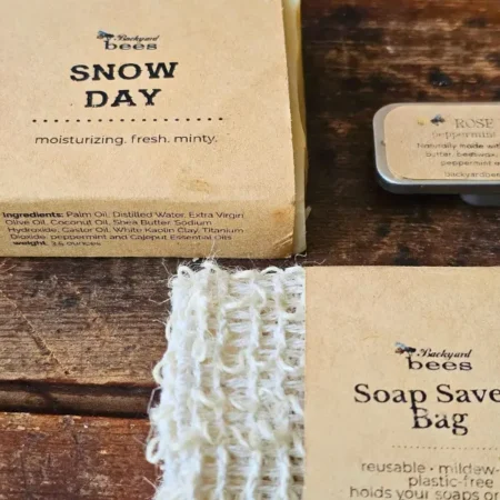 Snow Day Soap Saver Close Snow Day peppermint soap with a reusable sisal soap saver bag