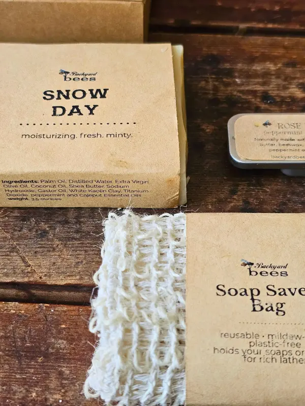 Snow Day Soap Saver Close Snow Day peppermint soap with a reusable sisal soap saver bag