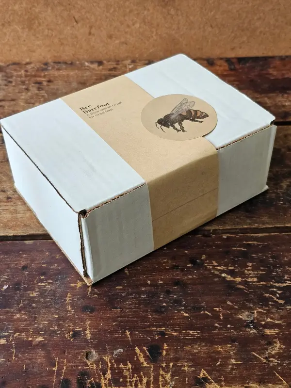 (20260930_135734.jpg) Closed Bee Barefoot gift box with kraft band, printed title, and bee seal