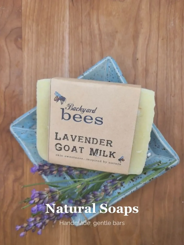Natural lavender goat milk soap bar on wood