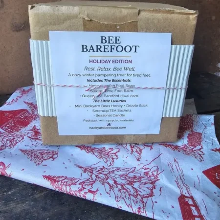 Bee-Barefoot-Holiday-Box Bee Barefoot Holiday Edition in upcycled packaging with bakers twine and cranberry accents