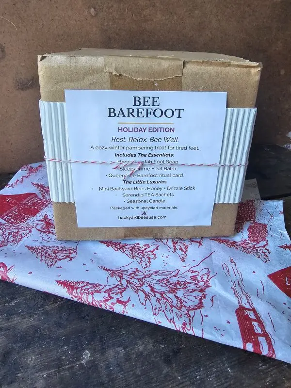 Bee Barefoot Holiday Edition in upcycled packaging with bakers twine and cranberry accents