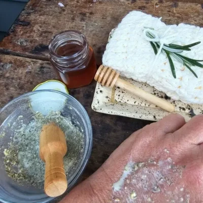 Oatmeal herb honey facial mask mixture, close up of texture, applied to hand