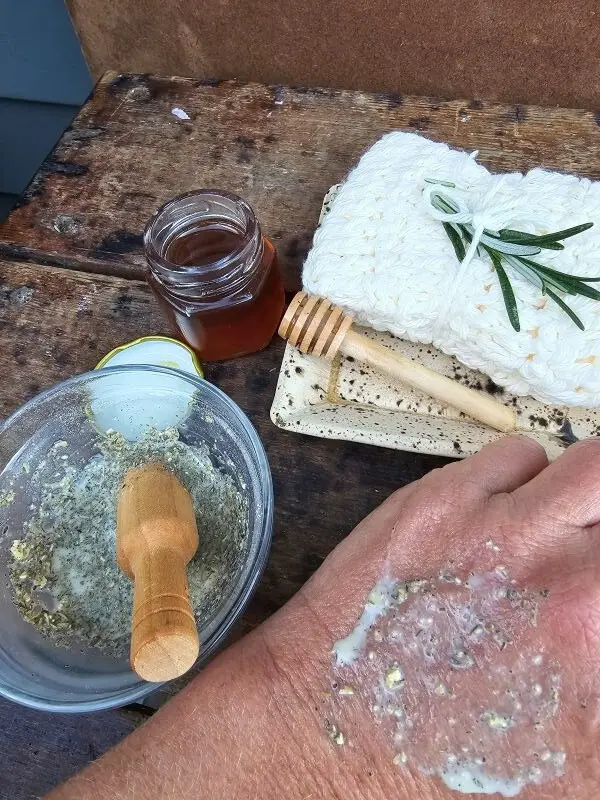 Oatmeal herb honey facial mask mixture, close up of texture, applied to hand