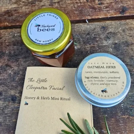 Raw honey and oatmeal herb face mask with ritual instruction card for natural skincare from The Little Cleopatra Facial Kit