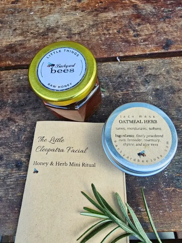 Raw honey and oatmeal herb face mask with ritual instruction card for natural skincare from The Little Cleopatra Facial Kit