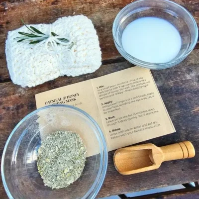 Oatmeal and powdered herbs with warm milk and instruction booklet from honey facial mask kit