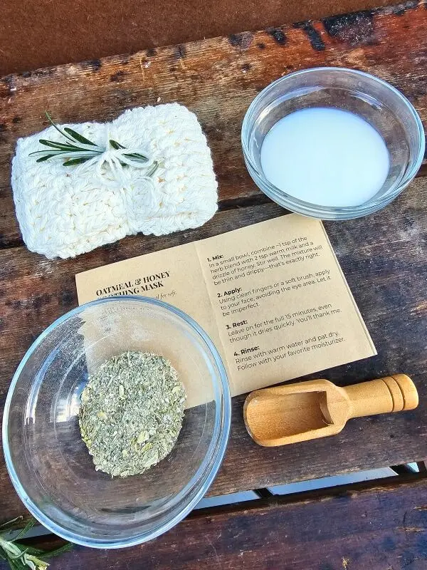Oatmeal and powdered herbs with warm milk and instruction booklet from honey facial mask kit