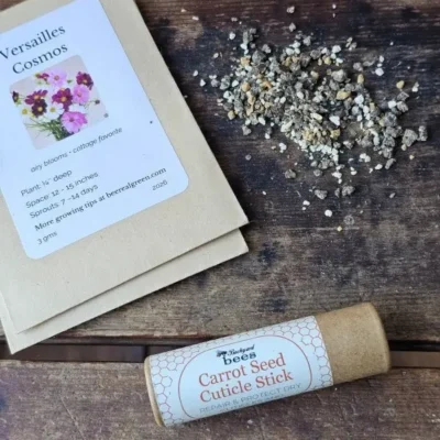 Carrot Seed Cuticle Stick styled with bee-friendly seeds and potting soil