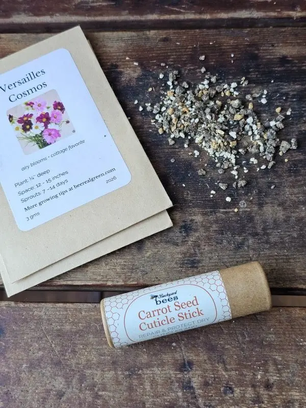 Carrot Seed Cuticle Stick styled with bee-friendly seeds and potting soil
