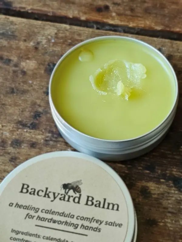 Backyard Balm Texture Close-up of Backyard Balm texture showing thick calendula comfrey salve consistency