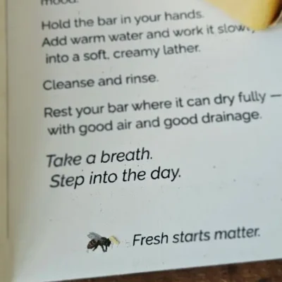Fresh Start Close Up Of Card Fresh Start soap trio care instructions and ritual card detail