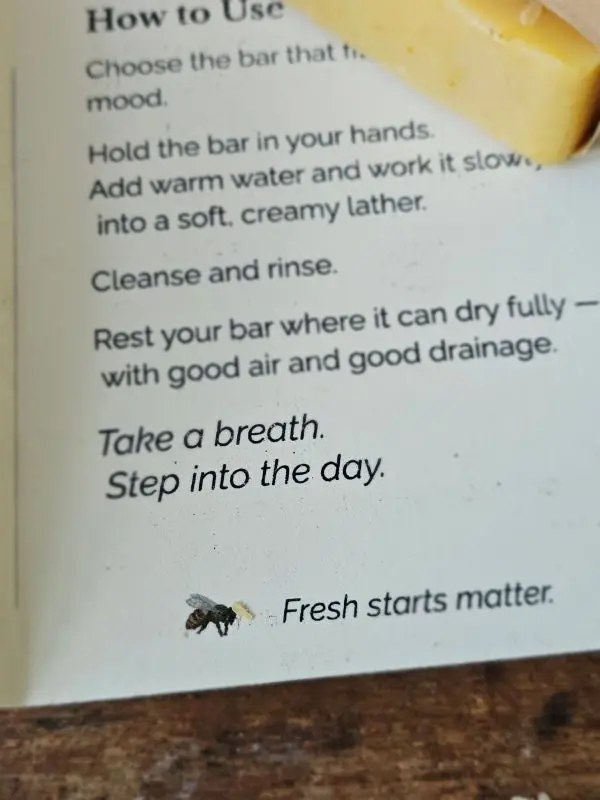 Fresh Start Close Up Of Card Fresh Start soap trio care instructions and ritual card detail
