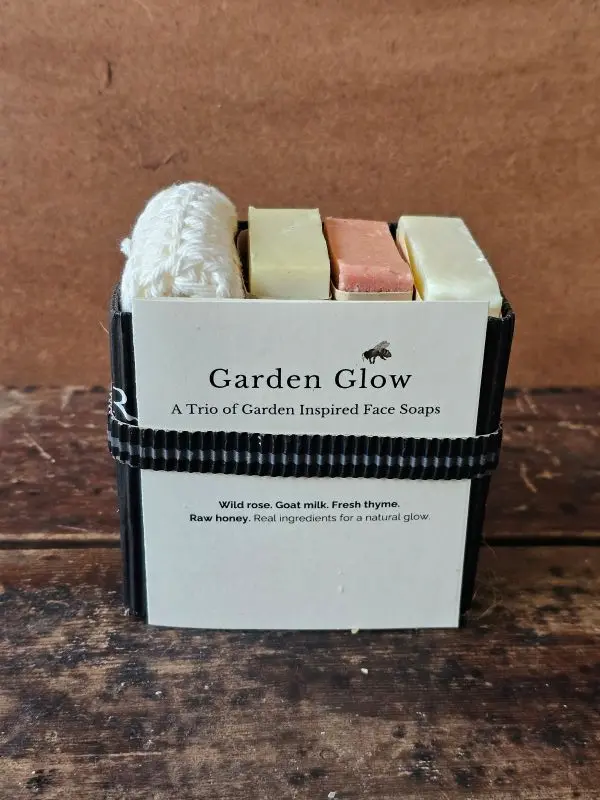 Garden Glow natural face soap trio in upcycled black corrugated gift box