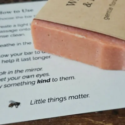 Wild Rose and Honey handmade facial soap bar with Garden Glow ritual card