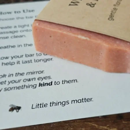 Garden Glow Closeup Rose Soap And Card Wild Rose and Honey handmade facial soap bar with Garden Glow ritual card