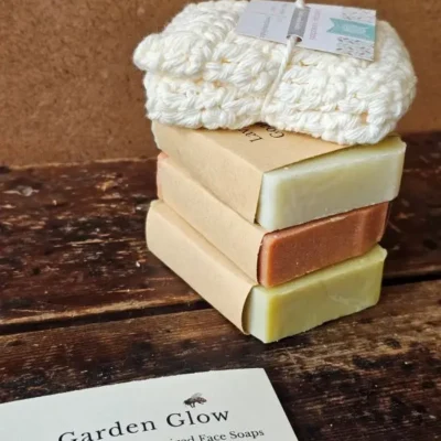 Stacked botanical facial soap bars with hand crocheted organic cotton face cloth