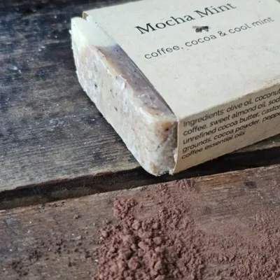 Closeup of Mocha Mint Coffee Soap with ingredients