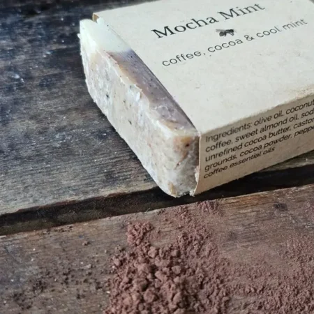 Closeup of Mocha Mint Coffee Soap with ingredients