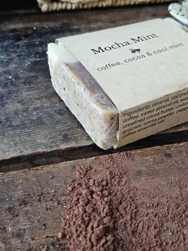 Closeup of Mocha Mint Coffee Soap with ingredients