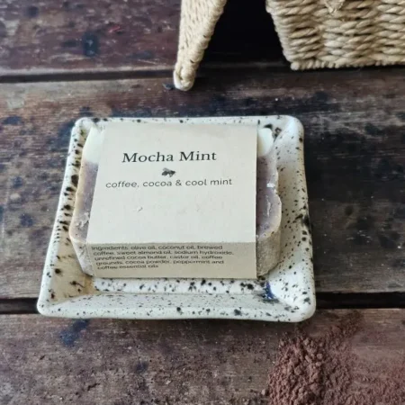 Rustic soap dish with a bar of Mocha Mint Soap by Backyard Bees