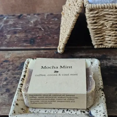 Mocha Mint coffee soap styled on rustic table