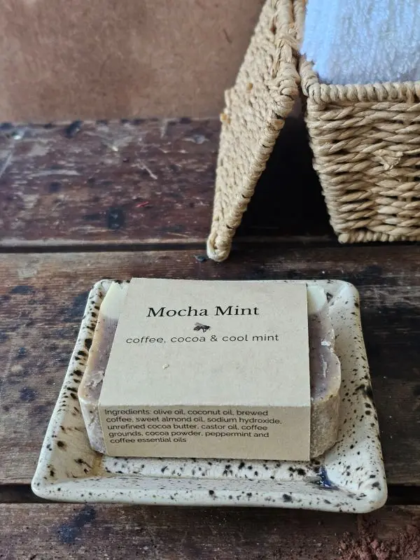 Mocha Mint coffee soap styled on rustic table