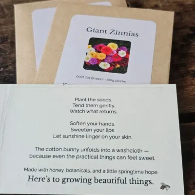 Inside message card from Spring Basket gift reading “Here’s to growing beautiful things.”