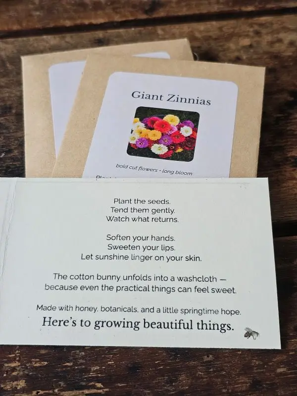 Inside message card from Spring Basket gift reading “Here’s to growing beautiful things.”