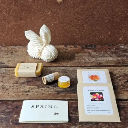 Spring Basket Flat Lay Spring gift basket set with dandelion poppy scrub soap, rose peppermint lip balm, chamomile lip scrub, seed packets, cotton bunny washcloth, and Bloom card.
